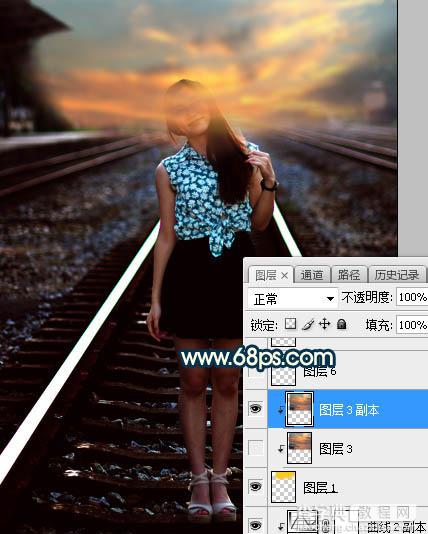 Photoshop调制出暗黄色霞光效果铁轨中间的人物图片12