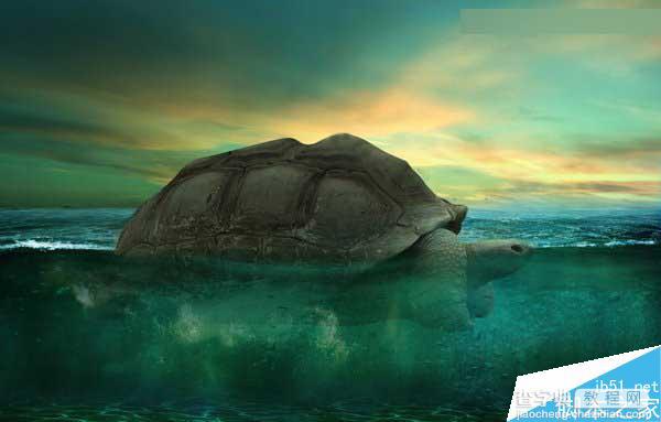 Photoshop合成海洋巨龟驮着岛在水上漂浮的效果图39