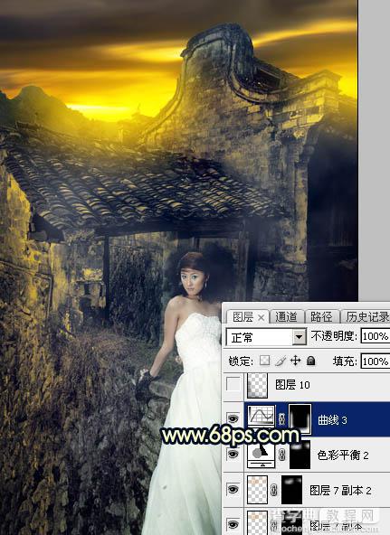 Photoshop调出高对比霞光色残旧古建筑人物图片28