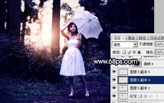 Photoshop调制出霞光中的树林人物图片37