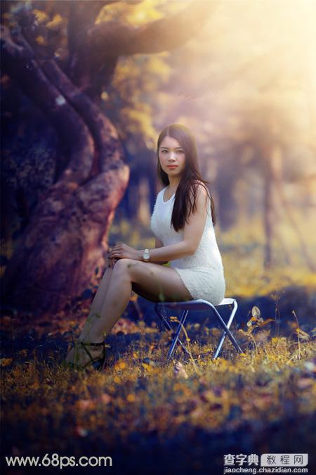 Photoshop调制出唯美的深秋暗黄色树林人物图片2