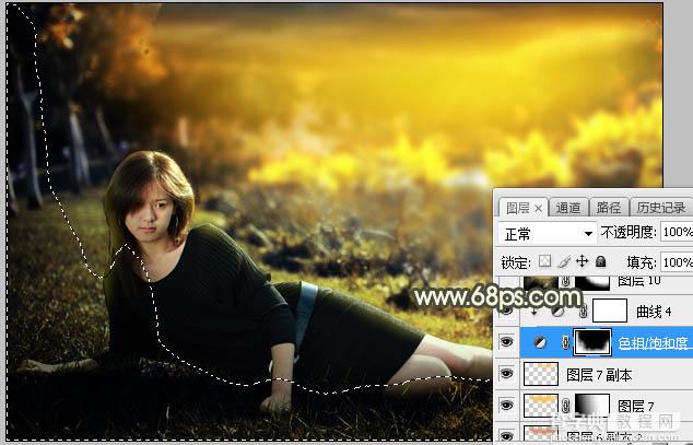 Photoshop调制出暗黄色霞光草地上人物图片34