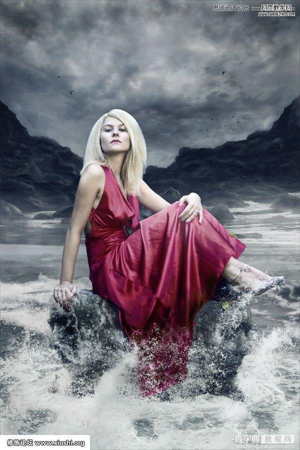 Photoshop合成制作梦幻的海边在坐岩石上的美女图片教程1