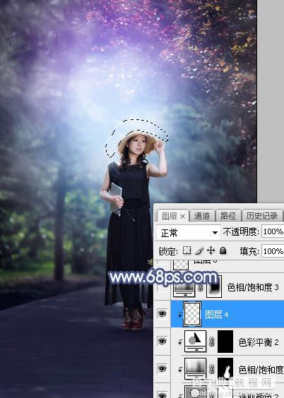 Photoshop将树林人物图片打造魔幻的蓝紫色特效32