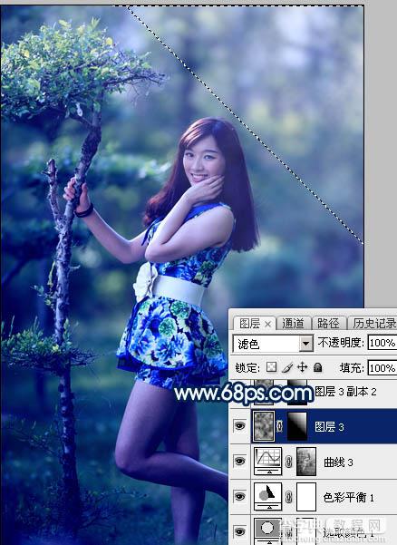 Photoshop调制出梦幻的暗调蓝青色树林人物图片20