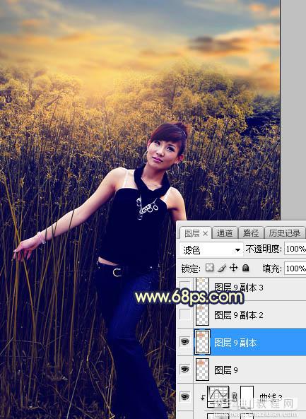 Photoshop调制出秋季暗黄色霞光山林人物图片32