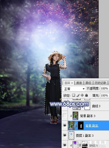 Photoshop将树林人物图片打造魔幻的蓝紫色特效26