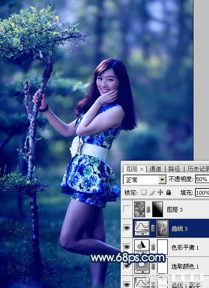 Photoshop调制出梦幻的暗调蓝青色树林人物图片19