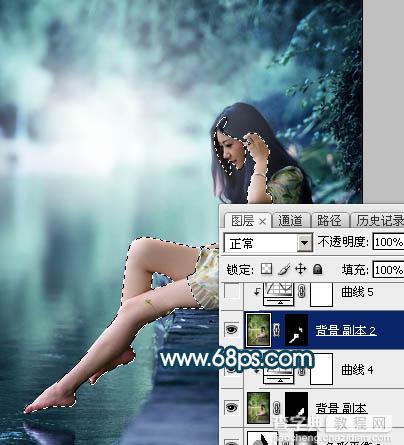 Photoshop为水景人物图片打造梦幻的暗青色效果31