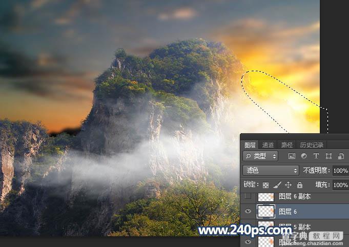 Photoshop调制出清晨霞光色和云雾效果的山峰图片20