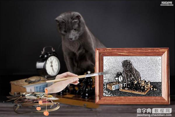 photoshop 合成给小猫绘制素描的现场图片17