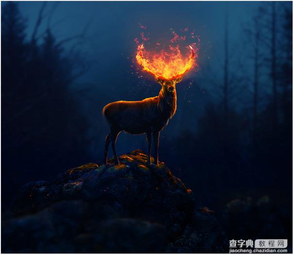 PS合成黑暗森林中的火焰鹿王1