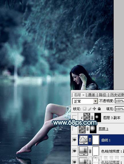 Photoshop调出梦幻唯美的暗调青蓝色河边人物图片17