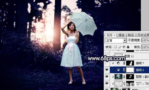 Photoshop调制出霞光中的树林人物图片46