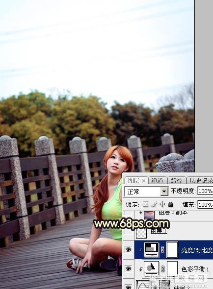 Photoshop调出唯美橙色霞光公园木桥上人物图片19