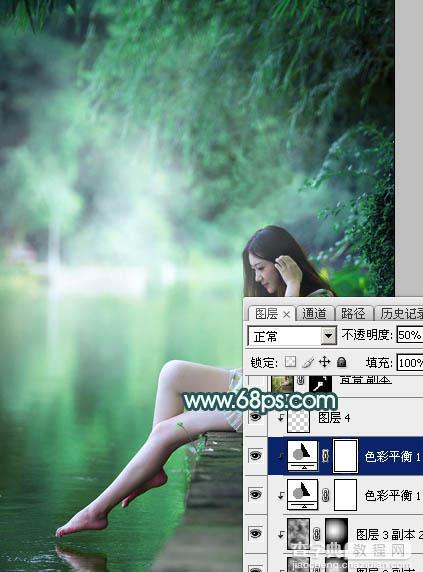 Photoshop调制出清新甜美的青绿色湖边人物图片25