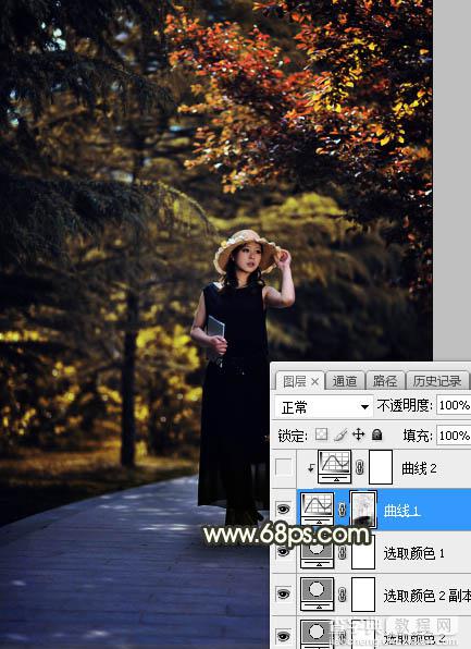 Photoshop调制出灿烂的黄褐色树中人物图片15