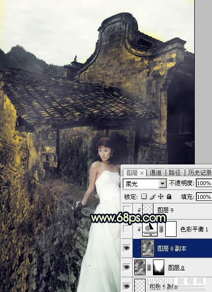 Photoshop调出高对比霞光色残旧古建筑人物图片14