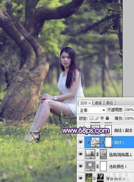 Photoshop调制出小清新蓝黄色树边人物图片10