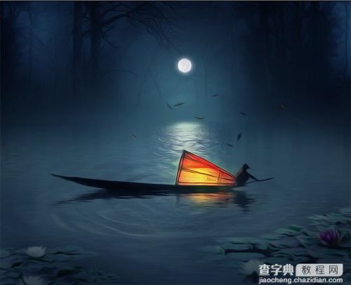 Photoshop合成唯美朦胧月夜渔舟轻荡场景78
