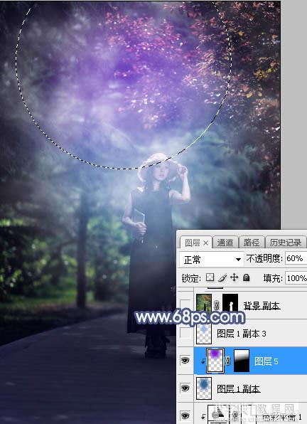 Photoshop将树林人物图片打造魔幻的蓝紫色特效24