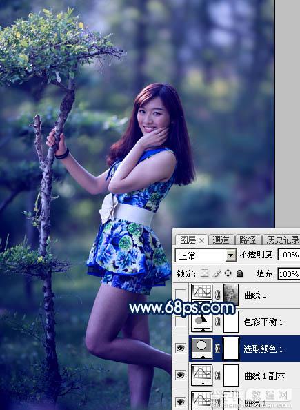 Photoshop调制出梦幻的暗调蓝青色树林人物图片11