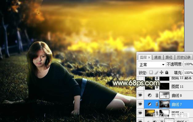 Photoshop调制出暗黄色霞光草地上人物图片35