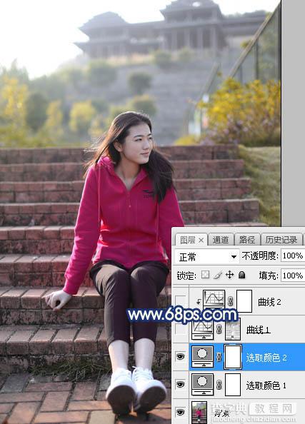 Photoshop调制出给漂亮的霞光古建筑边人物图片12