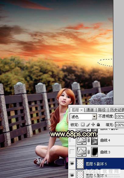 Photoshop调出唯美橙色霞光公园木桥上人物图片40