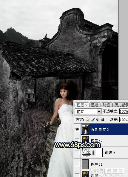 Photoshop调出高对比霞光色残旧古建筑人物图片9