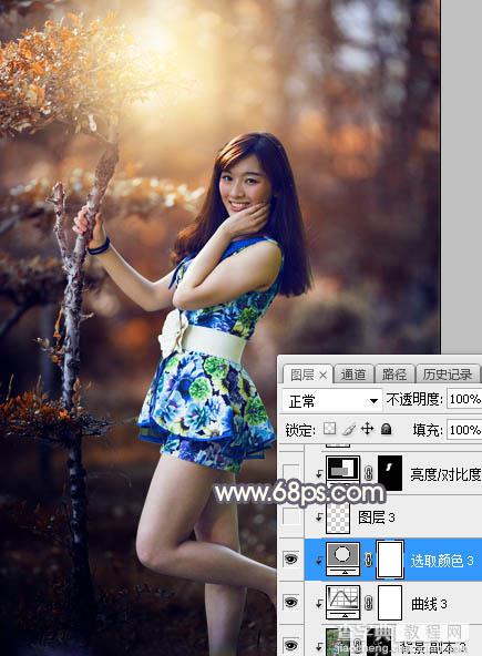 Photoshop将树林人物图片打造出深秋暗红色效果34