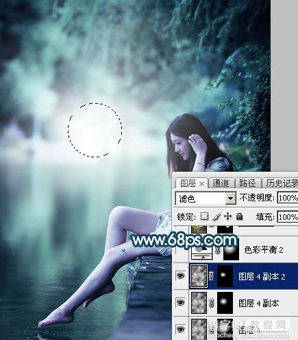 Photoshop为水景人物图片打造梦幻的暗青色效果24