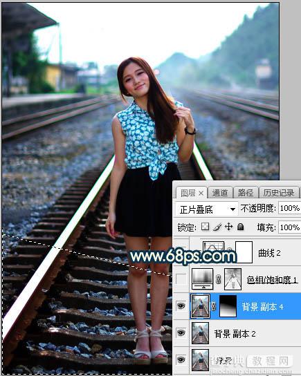 Photoshop调制出暗黄色霞光效果铁轨中间的人物图片4