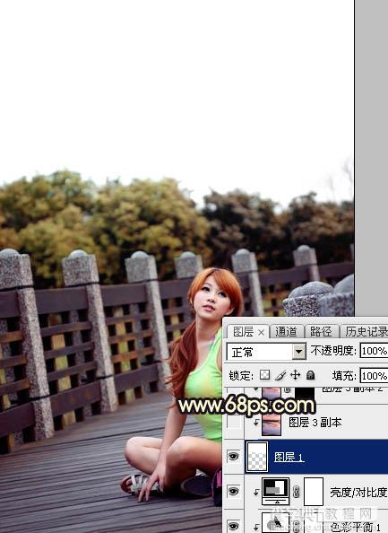 Photoshop调出唯美橙色霞光公园木桥上人物图片22