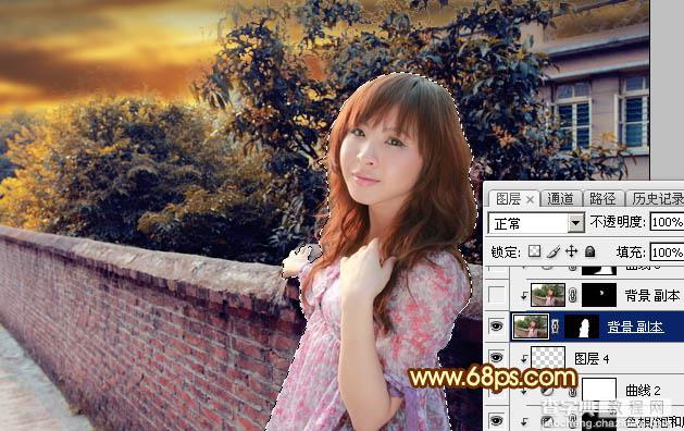 Photoshop调制出橙色霞光色围墙边人物图片22