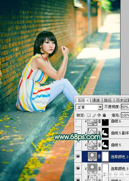 Photoshop调制出甜美的青红色围墙边的人物图片36