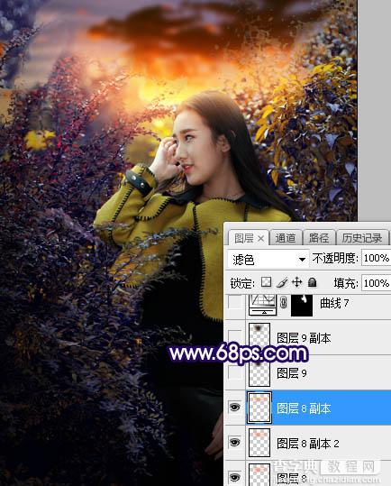 Photoshop调制出灿烂的蓝黄色霞光绿树中的人物图片38