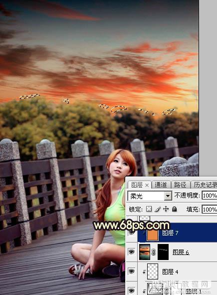 Photoshop调出唯美橙色霞光公园木桥上人物图片36