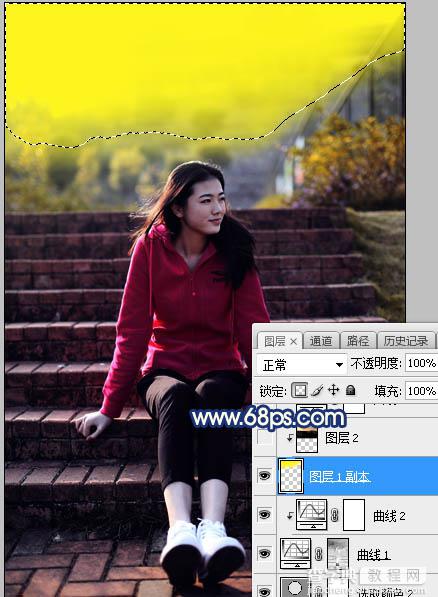 Photoshop调制出给漂亮的霞光古建筑边人物图片17