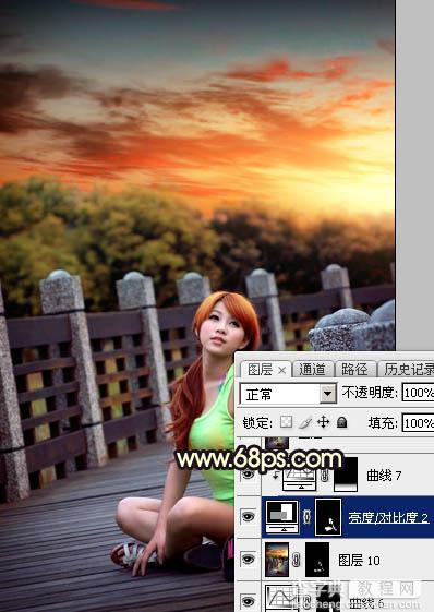 Photoshop调出唯美橙色霞光公园木桥上人物图片46