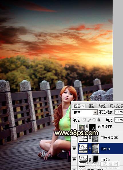 Photoshop调出唯美橙色霞光公园木桥上人物图片44