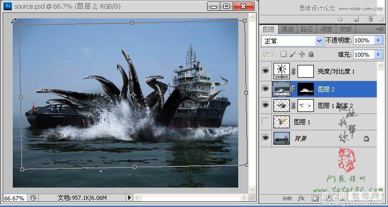 Photoshop合成史前大章鱼袭击轮船效果33