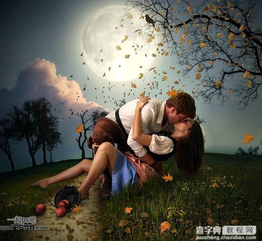 photoshop合成制作出朦胧月光下在草地情侣亲吻场景1