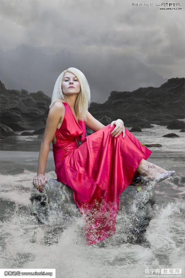 Photoshop合成制作梦幻的海边在坐岩石上的美女图片教程21