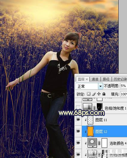 Photoshop调制出秋季暗黄色霞光山林人物图片40