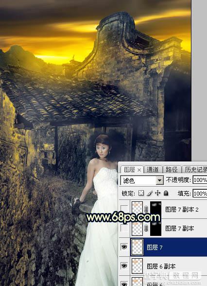 Photoshop调出高对比霞光色残旧古建筑人物图片24