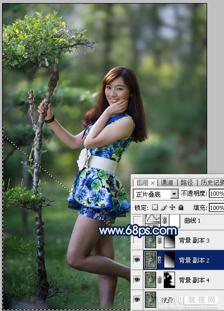 Photoshop调制出梦幻的暗调蓝青色树林人物图片4