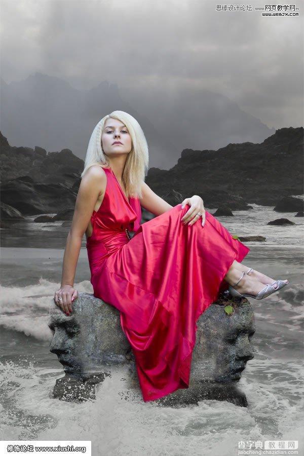 Photoshop合成制作梦幻的海边在坐岩石上的美女图片教程14
