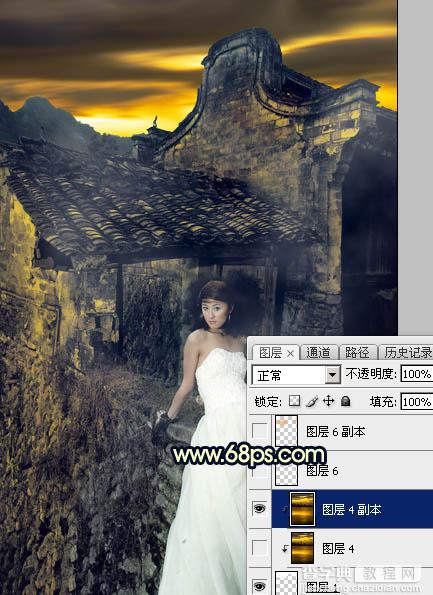 Photoshop调出高对比霞光色残旧古建筑人物图片21