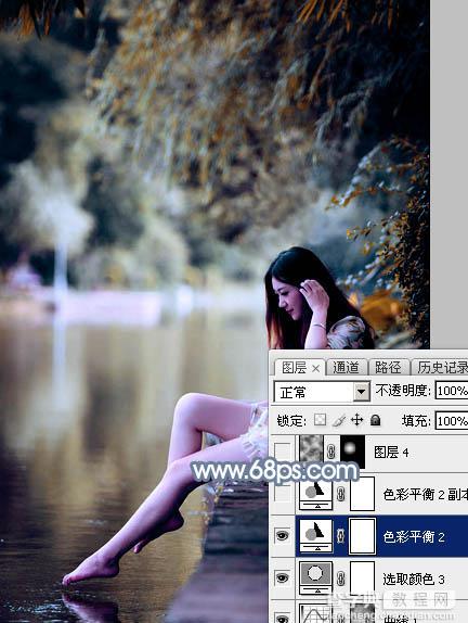 Photoshop将水景人物图片打造出柔和的古典青蓝色特效24